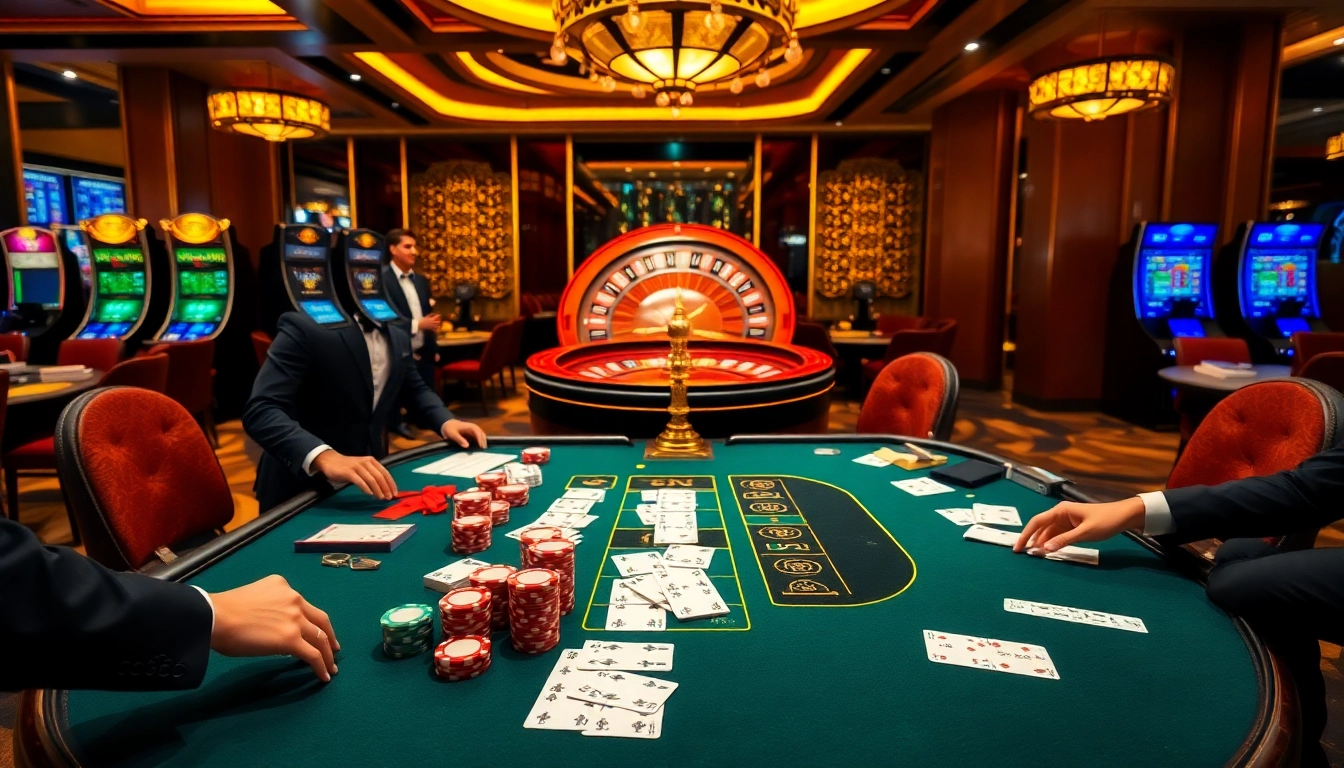 Experience excitement at dom88.us.com with a luxurious casino atmosphere featuring tables, cards, and vibrant gaming elements.