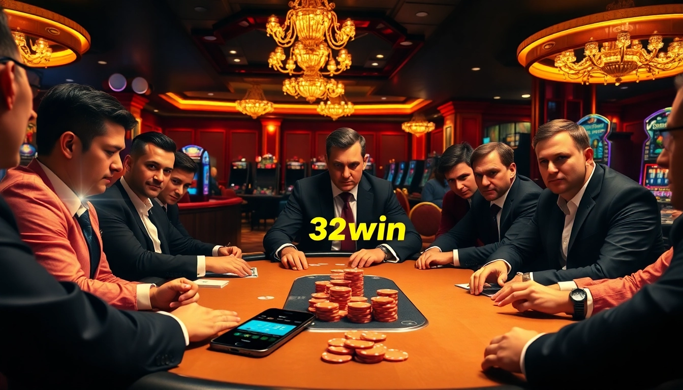 Players engaged in a high-stakes poker game at 32win2 casino, showcasing excitement and strategy.