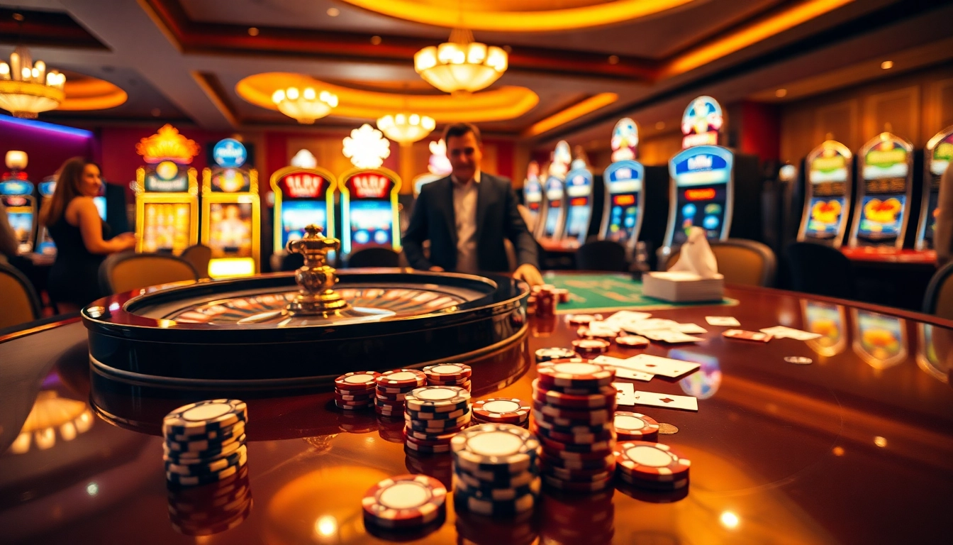 Exciting casino action at win55win.live with roulette, poker chips, and vibrant slot machines.