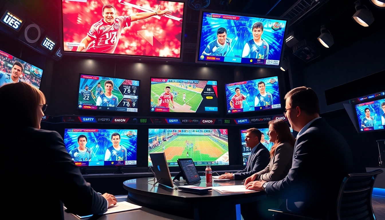 Dynamic sports broadcasting scene featuring broadcasters discussing live sports events.