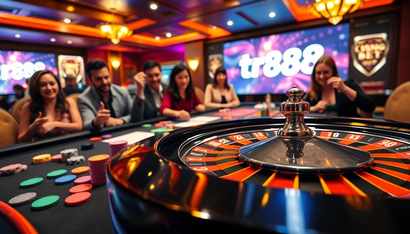 Gamblers placing bets at a vibrant casino table featuring tr88 bet on a digital screen, showcasing excitement and winning opportunities.