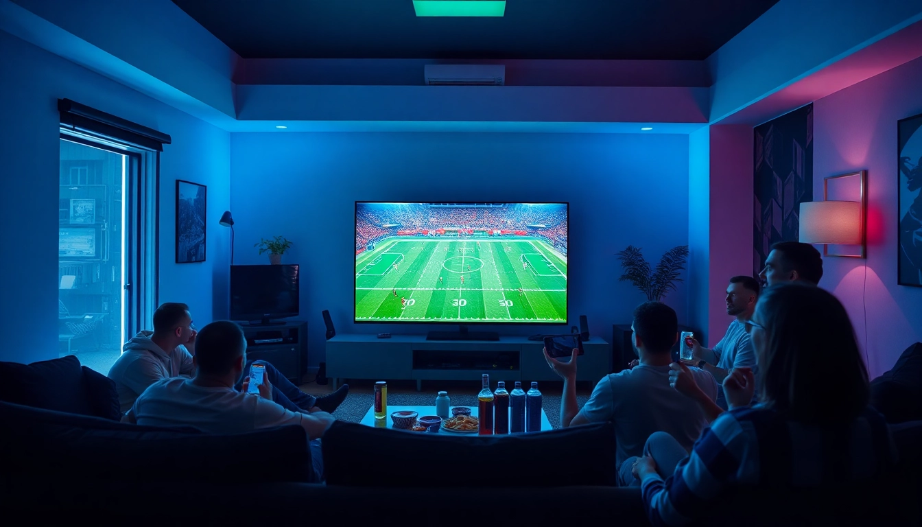 Exciting football match streaming scene featuring joemadfan.com with enthusiastic fans and HD screens.