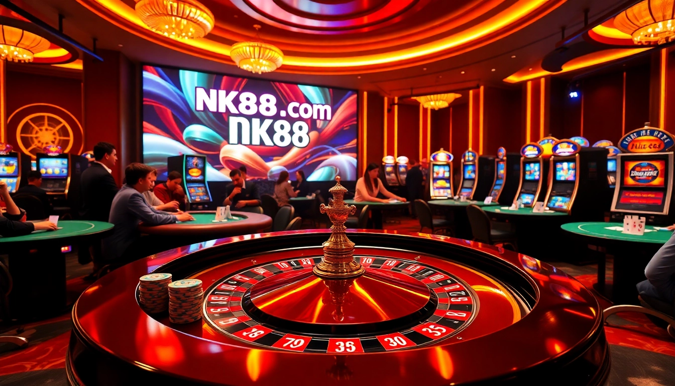 Players enjoying the thrill of casino games at NK88.com, featuring luxurious tables and vibrant atmosphere.