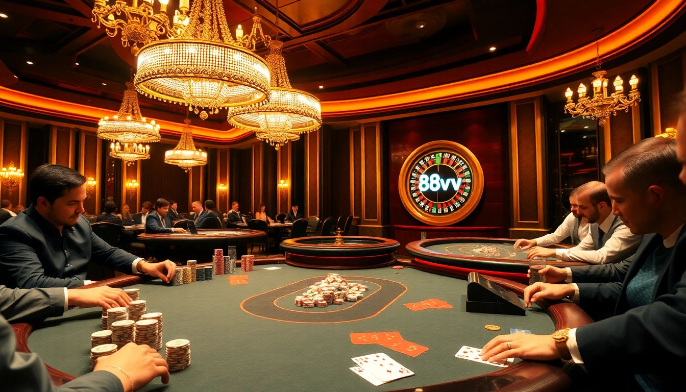 Experience the thrill of 88vv poker with vibrant tables, illuminated ambiance, and expert players.