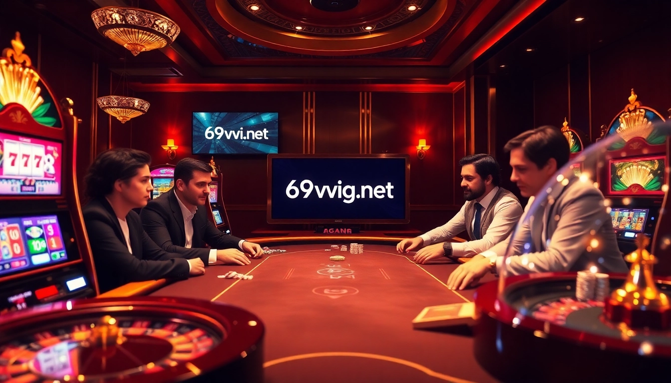 Engage in thrilling poker action at 69vn.gb.net, showcasing a vibrant casino atmosphere filled with excitement.