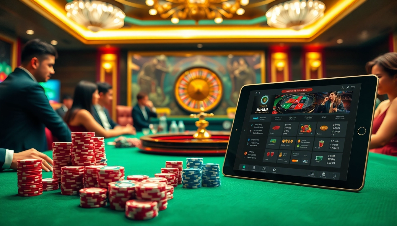 Players enjoying high-stakes games at nhà cái jun88's vibrant casino tables with professional dealers.